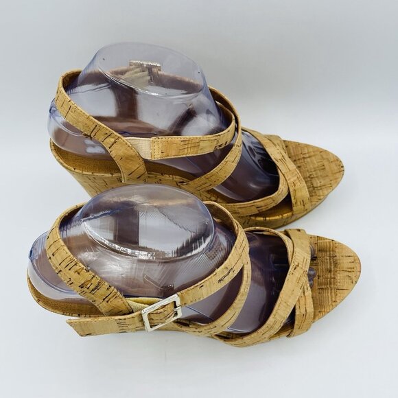 BP Womens Shoes Size 9 M Cork Strappy Wedge Ankle Strap High Heels Sandals - Picture 3 of 13